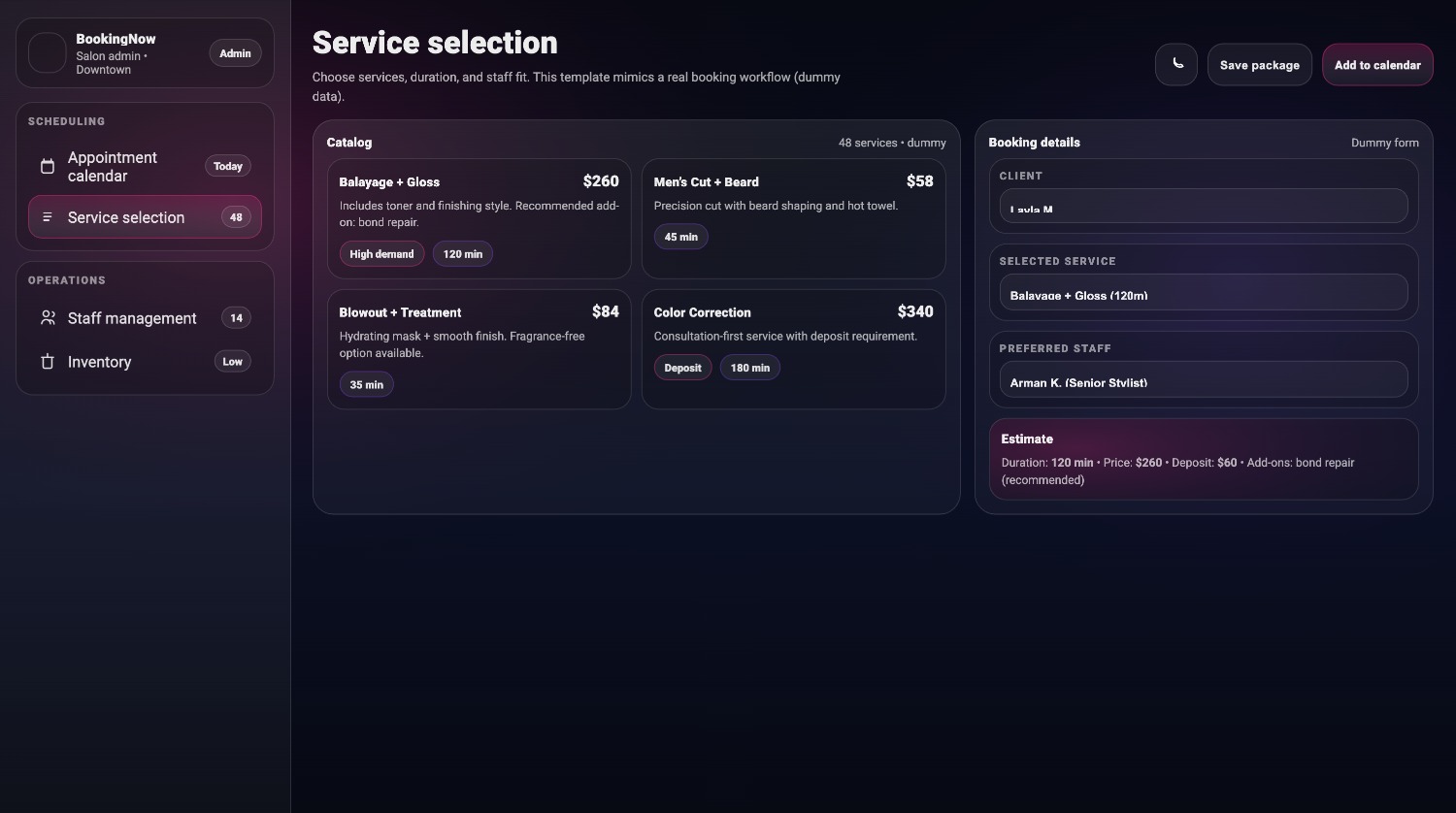 BookingNow Service Selection